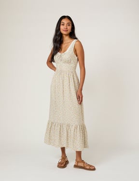 White Ditsy Floral Tiered Heather Midi Dress