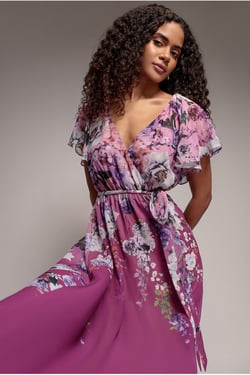 Goddiva Flutter Sleeve A-Line Chiffon Floral Printed Midi Dress - Magenta