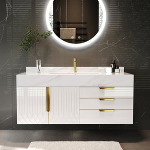 35.4" Bathroom Vanity Wall Mounted Cultured Marble Top with Single Sink & Drawers White