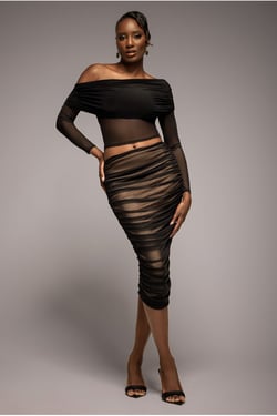 Goddiva Gathered Side Mesh Midi Skirt - Black