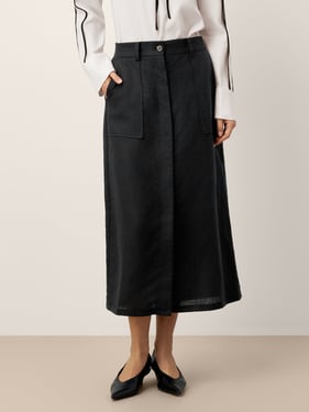 Linen-Lyocell Patch Pocket Placket Skirt LYRA - Charcoal Black / XXL