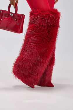 AKIRA Azalea Wang Langleye Thigh High Fur Luxe Boot | Red | Size 11
