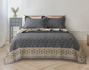 QE Home Mabel Cotton Quilt Set, Botanical, Blue, Super King