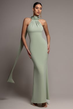 Goddiva Scuba & Velvet Satin Halterneck Maxi Dress With Back Sash - Sage Green