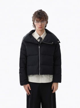 Vintage Asymmetric Zip High-Neck Puffer Jacket - Black / XL