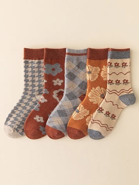Combed Cotton 5-Pair Jacquard Mid-Calf Sock Set - 5-Pair Set / One Size