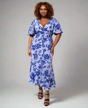 Blue Floral Wrap Midi Dress - 18