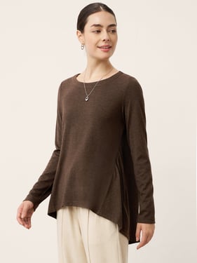 Wool Panelled Ruched Asymmetric Hem Top KALISTA - Coffee / XXL