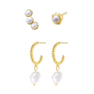 Pearl Hoop & Stud Earrings Set Sterling Silver