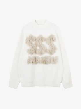 Retro Fuzzy Letter Patch Textured Knit Sweater - White / XL