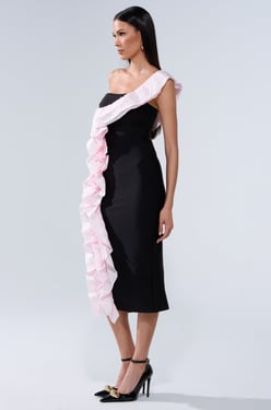 AKIRA Soft Flex Bandage Midi Dress With Ruffle Detail | Black | Size Small