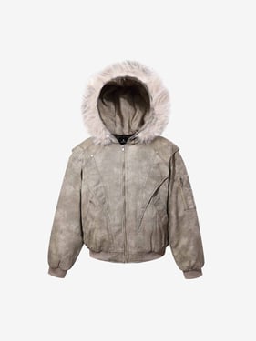 Washed Patchwork Contrast Bomber Jacket - Apricot / XL