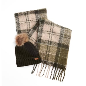 Barbour Womens Saltburn Beanie & Tartan Scarf Gift Set Ancient Loden/Dark Green