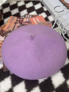 100% Wool Retro Hand-Knit Beret - Lavender / One Size