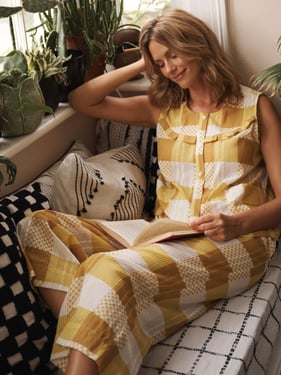 Womens Golden Yellow Patchwork Gingham Seersucker Round Trim Waistcoat Pyjama Set - 3XL / 22-24 / Mustard