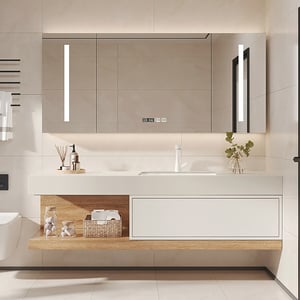 59" Floating Bathroom Vanity Set Wall-Mounted with Single Sink in White & Natural Modern
