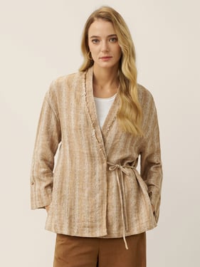 100% Linen Striped Wrap Jacket GENESIS - Textured Sandstone / M