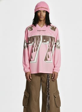 Retro Graphic Flame Number Print Long-Sleeve Jersey T-Shirt - Rose Red / 2XL