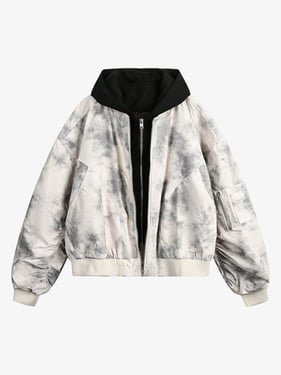 Patchwork Faux Two-Piece Gradient Hooded Bomber Jacket - Black And White / XL