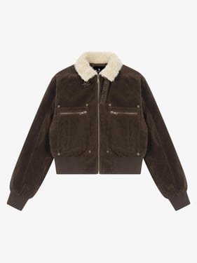 Utility Faux Shearling Collar Suede Look Zip Up Jacket - Brown / L
