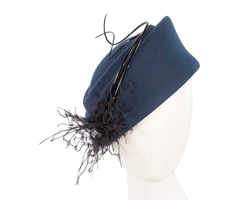 Large navy winter felt pillbox hat for races F572N