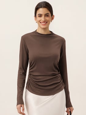 Wool Mock Neck Waist Pleat Top ISOLDE - Mocha / XXL