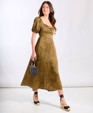 Brown Animal Satin Sweetheart Neck Midi Dress - 18