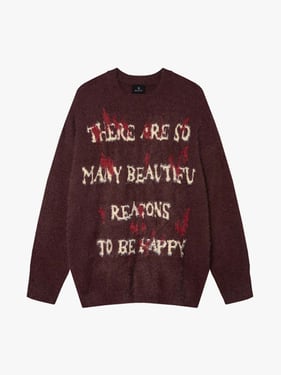 Burning Letter Jacquard Fuzzy Mohair Knit Sweater - Wine Red / XL