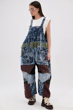 AKIRA Just Like That Baggy Fit Overalls In Patchwork Denim