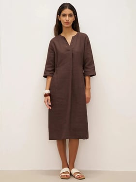 100% Linen V-neck Bell Pocket Midi Dress EVELINA - Chicory Coffee / XXL