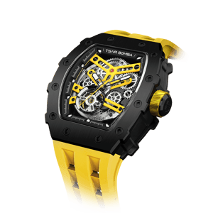 TSAR BOMBA Men's Automatic Watch | Black Yellow | Stainless Steel Case | Japanese Mechanical Skeleton Movement | Luxury Sport Wristwatch | Elemental TB8208A