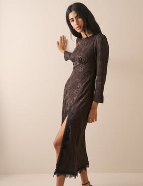 Brown Jacquard Floral Long Sleeve Jamie Midi Dress