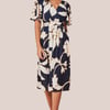Goddiva Leaf Print Flutter Sleeve Midi - Navy