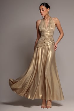 Goddiva Halterneck Empire Waist Gathered Sunrise Foil  Maxi Dress - Gold