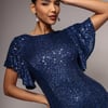 Goddiva Sequin Flutter Sleeve Maxi - Navy