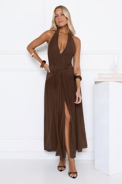 Whispered Promises Halter Mesh Maxi Dress Brown
