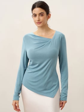 Wool Lyocell Twisted V-Neck Ruched Top NATALIE - Steel Blue / XXL
