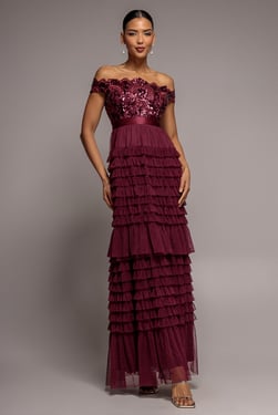Goddiva Scallop Bardot Ruffle Mesh Maxi - Burgundy