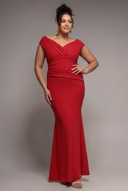 Goddiva Plus Bardot Pleated Maxi Dress - Red