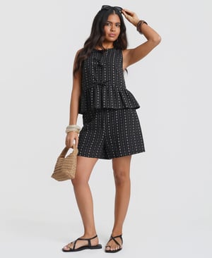 Black Floral Tie Front Peplum Top - 18