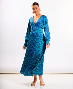 Blue Leopard Printed Plunge Midaxi Dress - 20