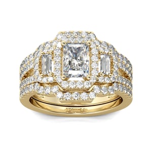 Jeulia 3PC Halo Gold Tone Radiant Cut Sterling Silver Ring Set