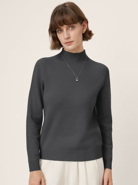 Premium Cashmere Blend Hand-Finished Seamless Mock Neck Ribbed Sweater RHEA - Charcoal Grey / XXL