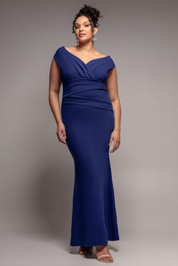 Goddiva Plus Bardot Pleated Maxi Dress - Navy