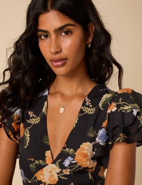 Black Floral Frill Sleeve Layla Midi Dress
