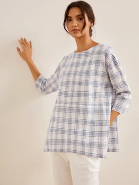 Linen White Boat Neck Oversized Top AVA - Sky Check / XXL