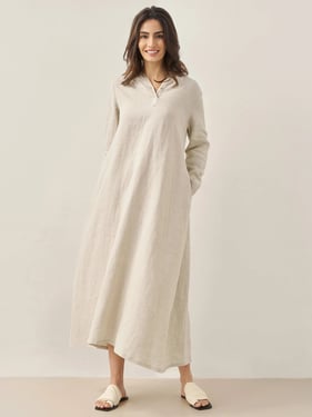 100% Linen Hooded Pullover Maxi Dress REBECCA - Natural Linen / XXL