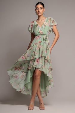 Goddiva Flutter Sleeve Chiffon Midaxi Wrap Dress - Sage Green