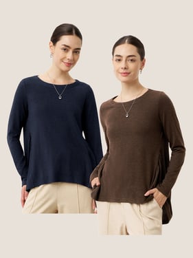 Wool Panelled Ruched Asymmetric Hem Top KALISTA - Coffee/Navy Blue / XXL