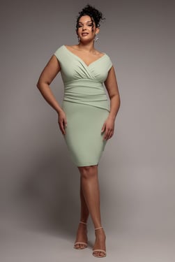 Goddiva Plus Bardot Pleated Midi Dress- Sage Green